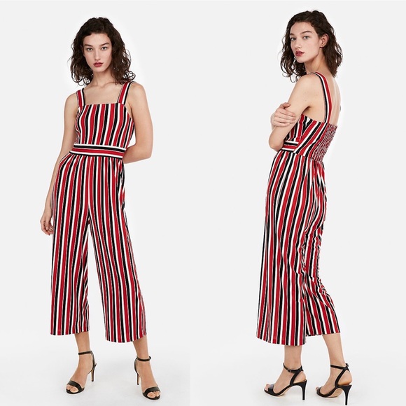 Express Pants - Express square neck red striped jumpsuit